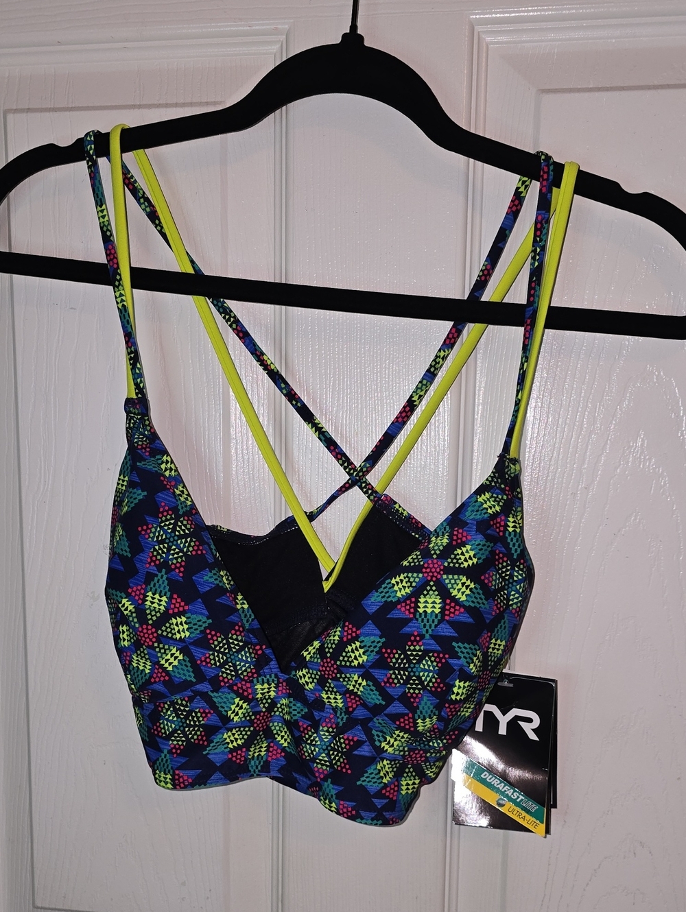 TYR Neon Geo Crisscross Longline Sports Bra - Black, Neon Yellow, Blue, Green